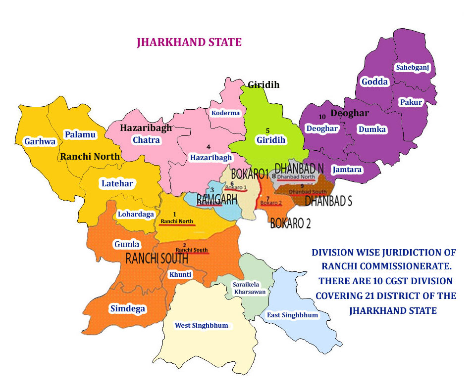 Map showing the jurisdiction of Central GST Commissionerate Appeals Ranchi in Jharkhand